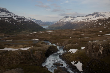 Fototapeta na wymiar Iceland Valley Overlooking a river and mountains