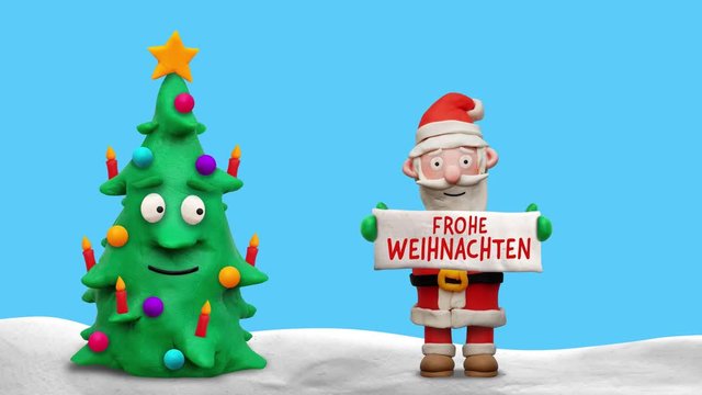 Weihnachtsmann mit sprechendem Weihnachtsbaum und Schild „Frohe Weihnachten“ – Animation
