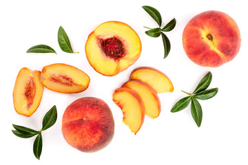 ripe peaches with leaves isolated on white background. Top view. Flat lay pattern