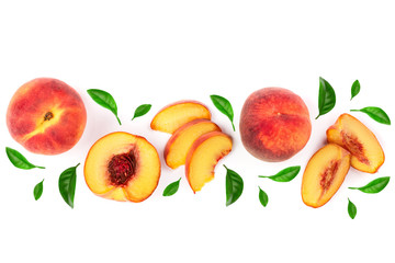 ripe peaches with leaves isolated on white background with copy space for your text. Top view. Flat lay pattern