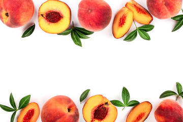 ripe peaches with leaves isolated on white background with copy space for your text. Top view. Flat lay pattern