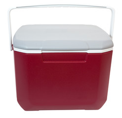 Front and top view of closed of red and white plastic food and drink cooler. Isolated.
