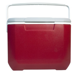 Front view of closed of red and white plastic food and drink cooler. Isolated.