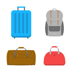 Bags set with suitcase and backpack. Luggage icons. Baggage for travel. Vector illustration.