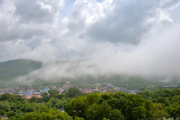 Fog approaching from the Black Sea to Sukko district, Anapa resort, Krasnodar region, Russia

