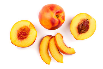 ripe nectarine isolated on white background. Top view. Flat lay pattern