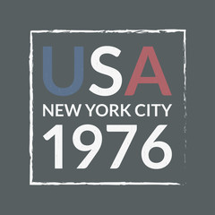 USA and New York City t-shirt print design and apparels graphic. Sport, college, varsity typography. Vintage clothes graphic with grunge texture. Poster, banner, placard. Vector illustration. 