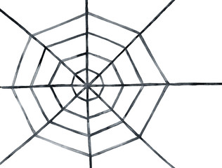 Obraz premium Handdrawn watercolour sketchy drawing of abstract round spider web silhouette. Can be used as decorative backdrop or as corner design element. Isolated monochrome graphic clipart decoration on white.