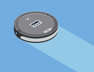 6766253 Robot vacuum cleaner. Smart robotic household appliance for cleaning. Isometric. Vector illustration.