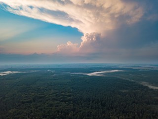 Fototapeta premium Beautiful misty evening landscape photographed from drone