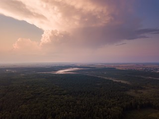 Beautiful misty evening landscape photographed from drone