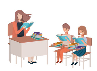 female teacher reading in the classroom with students