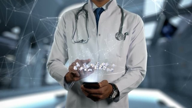DEXAMETHASONE SODIUM PHOSPHATE - Male Doctor With Mobile Phone Opens and Touches Hologram Active Ingrident of Medicine