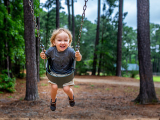 Young Boy in Swing at Park Playground