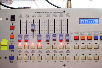 Close up concert stage light controller. professional console, high technology to remote lighting equipment on stage.