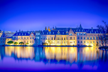 The Famous Binnenhof Palace of Parliament in The Hague in The Netherlands at Blue Hour.