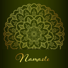 Flyer or brochure template with golden mandala pattern. Yoga classes banner. Hand drawn illustration