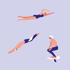 persons practicing swimming avatar character