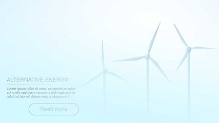 Electric Windmills Landscape in the mist in cloudy weather. 3d business concept. Wind farm in smoke