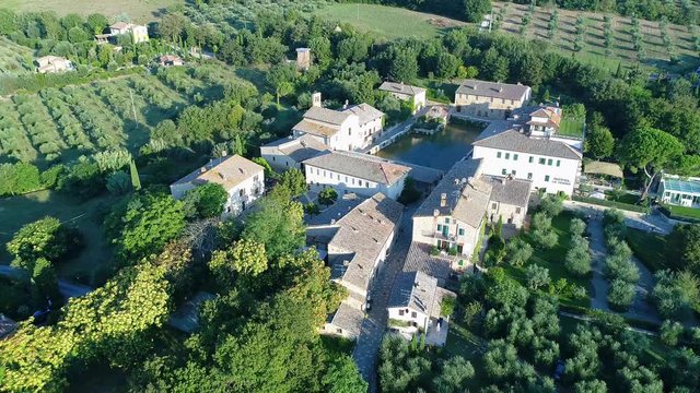 aerial shot of the lovely village of bagno vignoni in val d'Orcia 