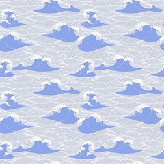 Seamless Pattern with Hand Drawn Stylized Sea Waves. Vector Illustration.