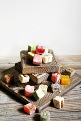 Turkish deligh set. Assorted traditional turkish delight on oriental background