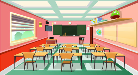 llustration of a classroom without people stylized design. Globe, tables, chairs, books for students. Cartoon style 