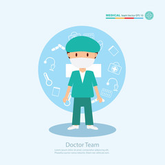 The  professional medical team for health life concept with logo, little doctor boy, girl in gown suit and cartoon act  - vector illustration Eps 10.