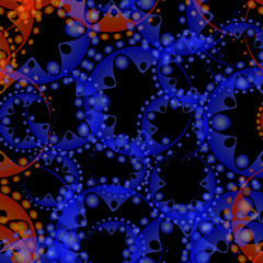 Vector abstract pastel pattern of blue and pomegranate soap bubbles and gears in a bright design on a black background for fabrics or home textiles.