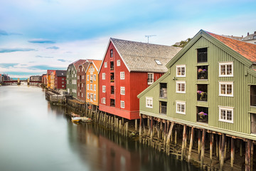 Fototapeta na wymiar Colorful houses and the Nidelva River, Trondheim, Norway.