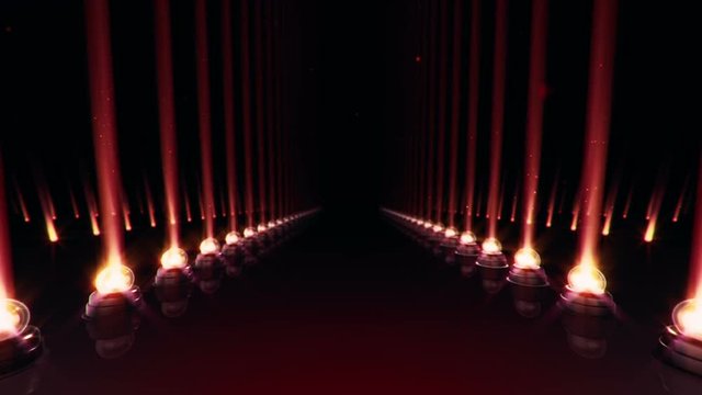 Abstract animation of slow move on red carpet with light bulbs for projectors on glossy floor. Falling particles flickering on backdrop. Animation of seamless loop.