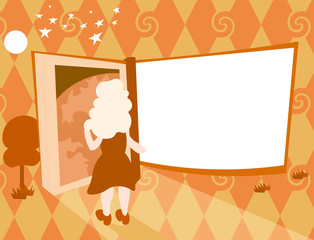 Flat design business Vector Illustration concept template copy space text for Ad website esp isolated 3d isometric. Back of Woman Standing Outdoor under Stars Moon Reading Digital Ad Post