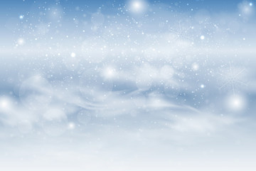  Winter blue sky with falling snow, snowflakes with winter landscape.