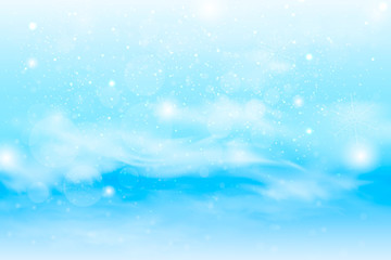 Winter blue sky with falling snow, snowflakes with winter landscape.