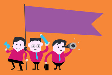 Flat design business Vector Illustration concept template copy space text for Ad website esp isolated 3d isometric. People Smiling Standing Holding a Megaphone Blank Flag Monocular Telescope