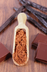 Powdery cocoa, dark chocolate, fragrant vanilla sticks