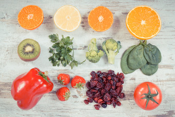 Vintage photo, Fruits and vegetables as sources vitamin C, fiber and minerals, strengthening immunity and healthy eating concept