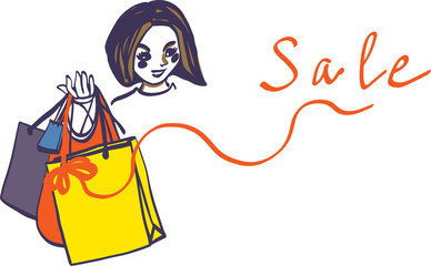 woman holds shopping bags  and the word sales illustration