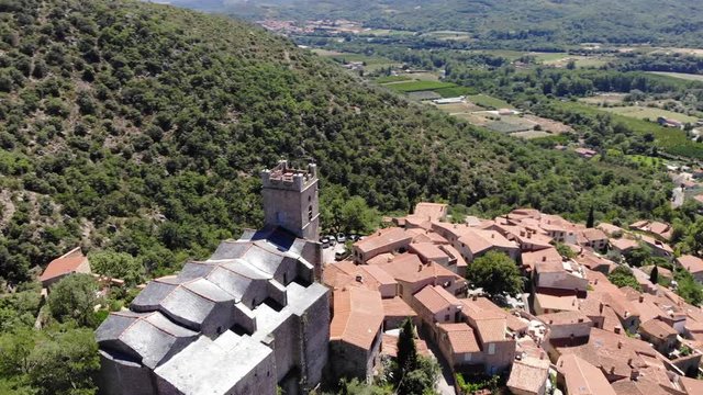 Aerial Drone Footage of EUS, a Mountain Village in the South of France Known as "Plus Beaux Villages de France" - Most Beautiful Village