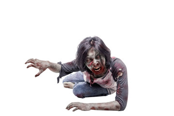 Portrait of asian zombie man crawling with hands - obrazy, fototapety, plakaty