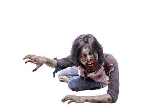 Portrait of asian zombie man crawling with hands