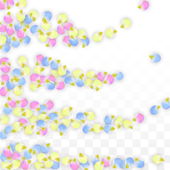Vector Realistic Colorful Petals Falling on Transparent Background.  Spring Romantic Flowers Illustration. Flying Petals. Sakura Spa Design. Blossom Confetti. Design Elements for Wedding Decoration.