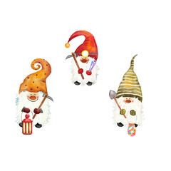 three gnomes in colorful caps and with lanterns and tools. Hand-drawn watercolor. For children's work, Waldorf pedagogy, lantern festival