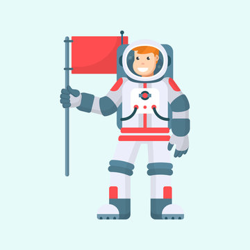 Vector cartoon smiling astronaut holds red flag in hand, isolated on blue background. Spaceman in helmet and spacesuit, male cosmonaut character, space explorer or pilot, illustration in flat style