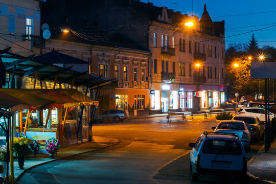 empty Petefi square in evening. beautiful cityscape of uzhgorod