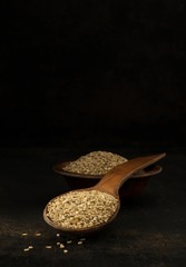 A wooden spoonful of sesame seeds in a low light with copy space background
