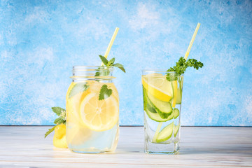 Set of two popular diet detox drinks Cucumber Water and Lemonade with Mint Leaves