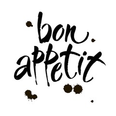 Bon appetit card. Hand drawn lettering background. Ink illustration. Modern brush calligraphy. Isolated on white background.