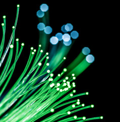 Bundle of optical fibers with green light. Black background.