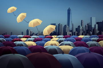 yellow umbrella fly out the city of colorful umbrella,Colorful umbrellas in the sky. The freedom that we can choose,vitage tone